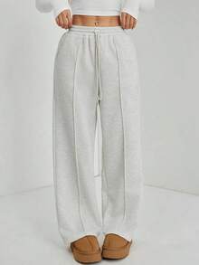 Pantalón de chándal de pierna recta con detalle de guijarro para mujer, mezcla de algodón cómoda - Gris Claro - Ver 6