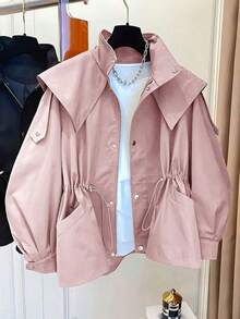 1 pieza Abrigo de trinchera con bolsillo con cordón, botones delanteros y tela tejida de unicolor, informal para primavera/otoño - Rosa - Ver 1