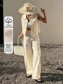 Conjunto de mujer de mezclilla - Top sin mangas con cuello y pantalones de unicolor - Albaricoque - Ver 1
