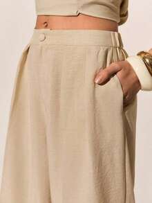 Conjunto de pantalones de cintura alta de verano, pantalones de pierna ancha con cintura alta y pliegues, pantalones sueltos y de pierna larga - Caqui 2 - Ver 6