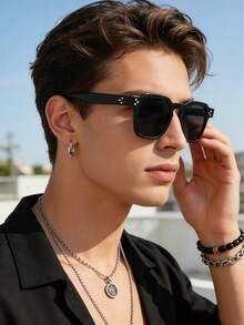 1pc New Fashion Square Double-Frame Retro Personalized Ocean Lens Tortoiseshell Fashion Glasses, Suitable For Daily Wear, Versatile Fashion, Suitable For Autumn/Winter Outfits, Beach Accessories, Retro Y2K All-Match Glasses, Business Casual Gifts - Black - View 3