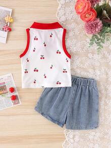 Conjunto de 2 piezas de top casual con bloque de color y falda corta de mezclilla con bordado de cereza para niñas bebé, ligero para verano - Blanco - Ver 2