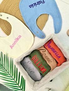 1/3/5pcs, Custom Embroidered Name Baby Bibs, Soft Cotton Gauze, Adjustable Snap Closure, Personalized Bibs For Baby Shower, Newborn Gift, Daily Feeding, Drool Proof, Cute Neutral Colors, High-Quality Baby Essentials - Multicolor - View 7