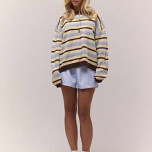 Oversized Button Through Drop Shoulder Knitted Stripe Jumper , , Old Money, Cute, Country, Cottage Core, Casual Lounge Cardigan For Women Butterscotch Work Office Winter Chic Spring Sweater Vacation - Verde militar - Ver 5