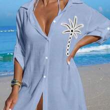 Swim Vcay Women's White Coconut Tree Button Casual Vacation Beach Kimono Cover Up - Celeste - Ver 1