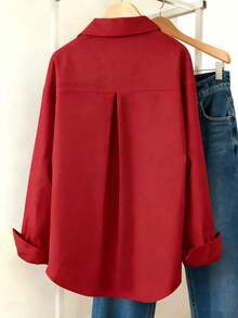 Camisa casual de mujer de un solo pecho de manga larga con hombros caídos y unicolor - Rojo - Ver 2
