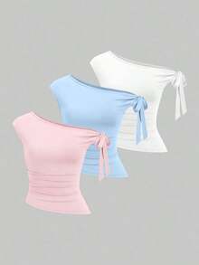 Sweetro Conjunto de 3 piezas para mujer con parte superior de unicolor y cuello asimétrico, cómodo y de moda, adecuado para el verano - Multicolor 3 - Ver 1
