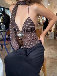 1 pieza Camiseta de tirantes elegante de verano para mujer con estampado de lunares, adecuada para citas y blusas gráficas para mujer - Café integral - Ver 4