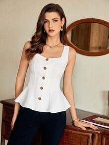 Blusa de mujer vintage, elegante y clásica, con cierre de botones metálicos con forma de flor, blusa sin mangas blanca, para primavera/verano - Blanco - Ver 4