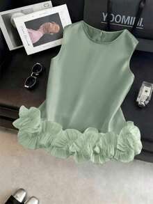 Blusa sin mangas de satén con doble capa y volantes, elegante, adecuada para salidas y citas de primavera/verano - Verde - Ver 1