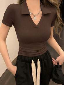 Camiseta polo de manga corta de ajuste ceñido y unicolor para mujer, casual de verano - Marrón - Ver 2
