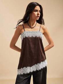 Camiseta de satén marrón con ribete de encaje para mujer - Marrón Chocolate - Ver 7
