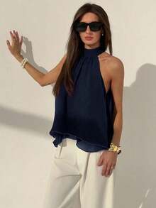 Camiseta sin mangas de gasa con cuello halter, fruncida y con línea A, de estilo bohemio minimalista y sexy, color morado berenjena, para primavera/verano - Azul marino - Ver 5