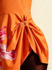 Conjunto de bikini de 2 piezas con estampado floral, accesorio de metal y correa ajustable, de caliente para vacaciones de primavera/verano y playa - Naranja Quemada - Ver 7