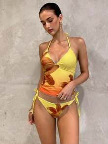 Conjunto de bikini a cuadros de cereza dulce - Amarillo - Ver 6