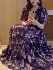 Women's New Vintage Floral Short Sleeve Ruffle Trim All-Season Full Print Bohemian Tiered Ruffle Hem Multi-Layer Cake Pleated Dress Elegant Summer - Bold Plum - View 5