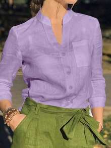 Camisa de mujer de unicolor con cuello en V y botones - Blusa casual y elegante de manga larga con detalle de bolsillo, adecuada para vacaciones, viajes y uso diario, artículo esencial para primavera, verano, otoño e invierno - Púrpura malva - Ver 12