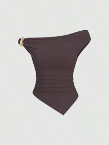 Sweetro Conjunto de 3 piezas de moda europea y americana para mujer en unicolor, con decoración metálica, dobladillo retorcido y dobladillo asimétrico, camiseta casual y versátil para uso diario - Multicolor 15 - Ver 5