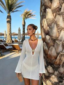 Vestido de manga larga de punto para mujer, estilo de vacaciones en la playa - blanquecino 2 - Ver 8