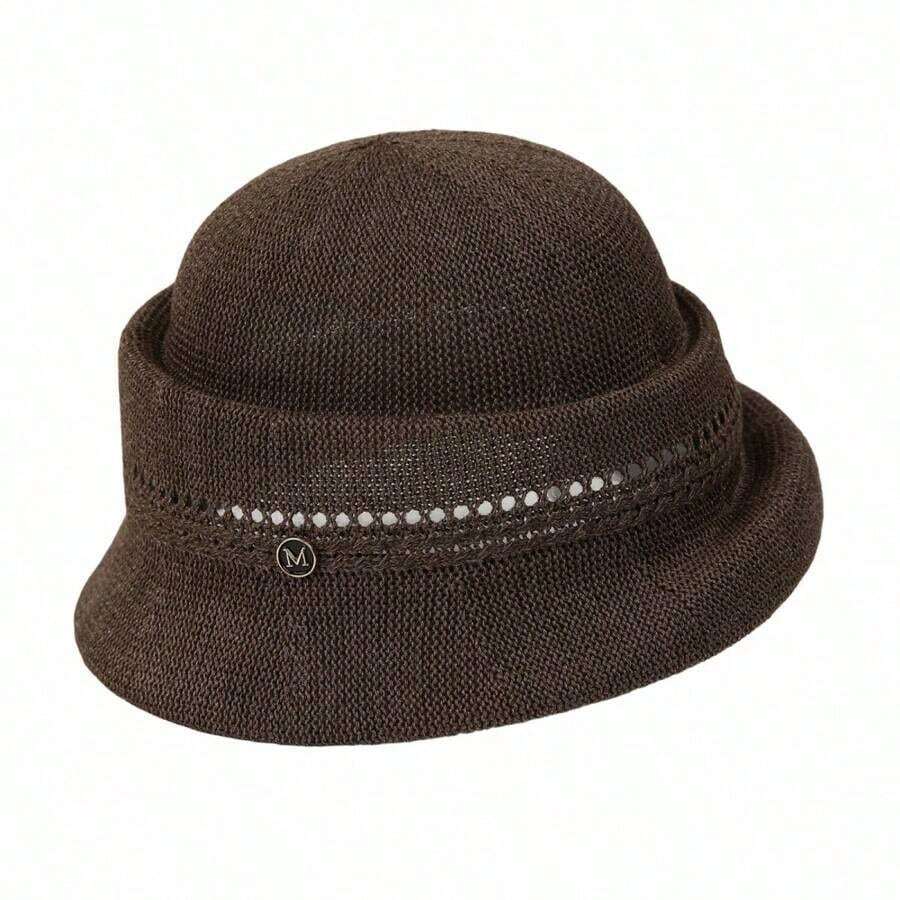 Women's Bucket Hat Hollow Knit Breathable Fisherman Cap Stylish Decorative Letter Detail Sun Hat - 白色 - 查看 1