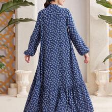 Najma Women Spring Casual Vacation Lantern Sleeves Loose Dress With Floral Print, Ruffle Hem And Small Flower Print, Modest - Rosa vieja - Ver 5