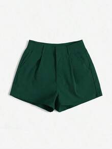 Shorts diarios tejidos de unicolor para mujer, sencillos - Verde Oscuro - Ver 3