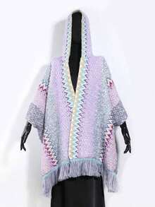 1pc Women's Fashion Geometric Rhombus Pattern Tassel Bohemian Style Hooded Poncho, Suitable For Casual Outings, Daily Wear, Travel And Vacation For Dress - C - 查看 7