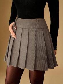 Falda plisada de línea A a cuadros de moda para mujer, adecuada para ir al trabajo - Café integral - Ver 1