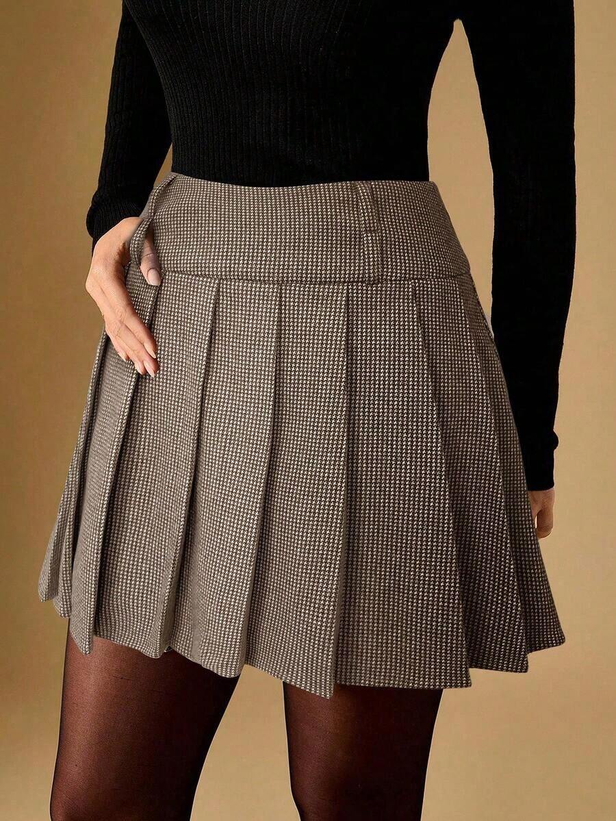 Falda plisada de línea A a cuadros de moda para mujer, adecuada para ir al trabajo - Café integral - Ver 1