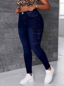 Jeans skinny de mezclilla azul oscuro con bolsillos múltiples efecto levantador de glúteos elásticos - Azul profundo - Ver 3