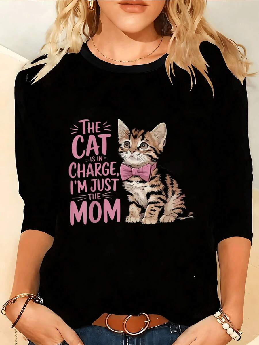 Plus Size Women's Long Sleeve T-Shirt With Cat And Paw Print - Comfortable Round Neck Blouse Suitable For Curvy Women, For Daily Wear In Spring/Autumn, Machine Washable, Casual Blouse For Women (Cat Themed Clothing). - 黑色 - 查看 1