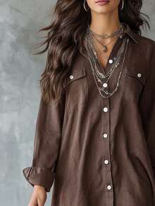 Plus Size Women's Brown Long Sleeve Polyester Button-Up Shirt Dress, Lapel Collar, High-Low Hem Design, With Pockets - Brown - View 7
