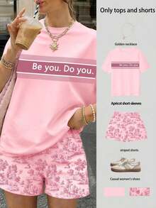 Conjunto informal de 2 piezas de camiseta de manga corta de cuello redondo a rayas y pantalones cortos para mujer - Rosa - Ver 1