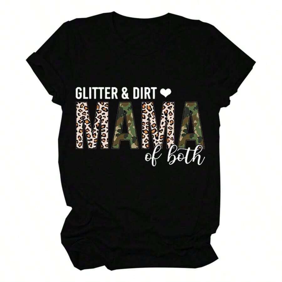 Glitter And Dirt Mama Of Both Camisetas para Mujer, Camiseta Divertida para Mamá, Camisetas de Regalo para Mamá, Camisetas Gráficas de Manga Corta de Verano, Camiseta de Manga Corta para Mujer - Negro - Ver 1