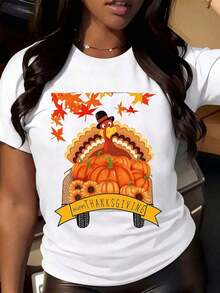 Women's Black T-Shirt With Autumn Print: Turkey, Pumpkin, Sunflower And Autumn Leaves For Thanksgiving - Seasonal Graphic Tee For The Autumn Festival - Unisex Urban Vintage Style, Cotton, Short Sleeve, Round Neck, Loose Fit. - 白色 - 查看 1