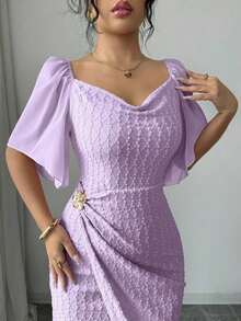 Vestido elegante ajustado con cuello de volantes, mangas de pétalos y hebilla metálica de bloque de color para mujer, primavera/verano - Morado - Ver 6