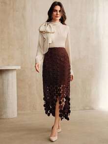Blusa elegante y chic de cuello alto, manga larga y puños con lazo para uso diario - Champán - Ver 5