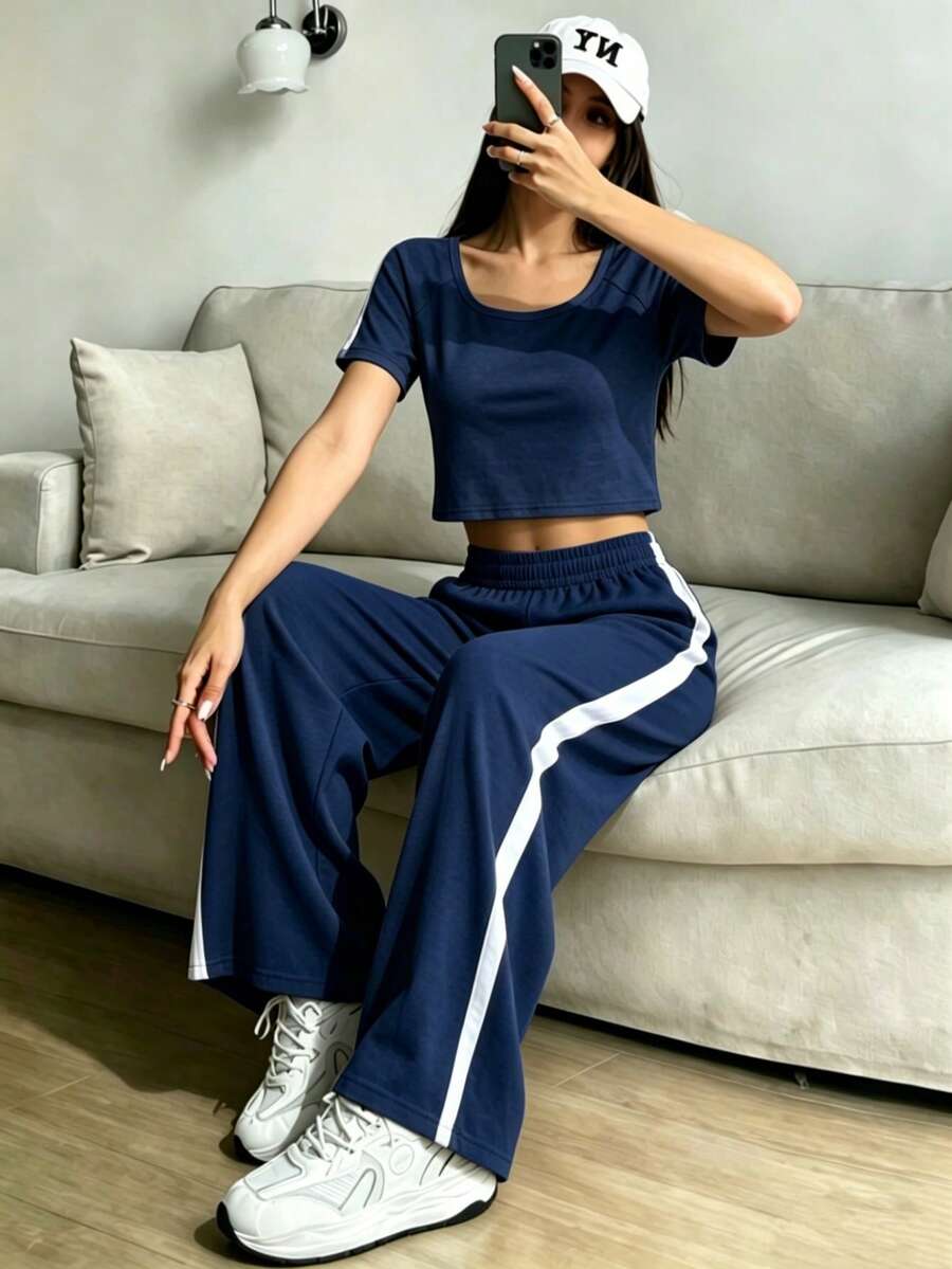 Conjunto De Top Corto De Manga Larga Y Pantalón Para Mujer Con Diseño De Bloques De Color - Azul Marino - Ver 1