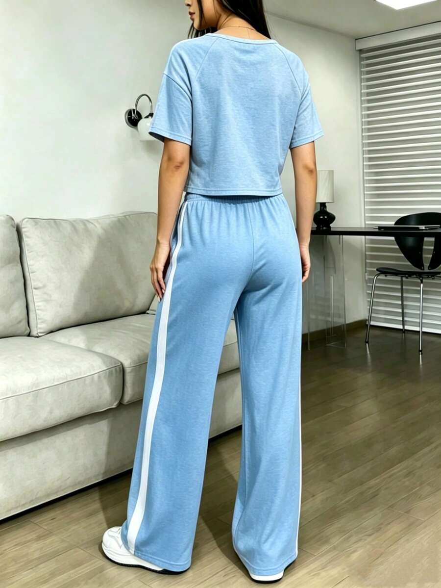 Conjunto De Top Corto De Manga Larga Y Pantalón Para Mujer Con Diseño De Bloques De Color - Celeste - Ver 1