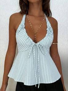 Camiseta de mujer con cuello halter sexy de cuello en V profundo y amarres delanteros a rayas - Celeste - Ver 1
