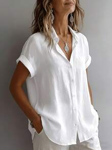 Women's Linen Short Sleeve Shirt Loose Comfortable Casual V-Neck Top White Summer - White - View 4