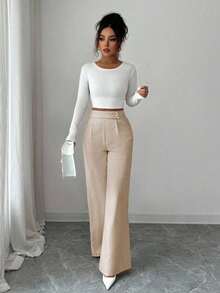 Pantalones rectos sueltos y fluidos, esenciales para Acción de Gracias y Halloween, de diseño elegante con hebilla y superposición delantera, de tela de bambú, para uso profesional y casual como uniforme de maestro - Caqui - Ver 6
