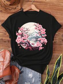 Unisex T-Shirt Made Of Pure Cotton, Japanese Style, Aesthetic, Vaporwave, Cherry Blossom, Tree Print. Short-Sleeved, Trimmed Neckline. Casual Top For Summer And Spring. Women's Clothing, Summer Shirt, Blouse, Basic Top, Creative Design, For Outdoor Play, Cool Style, Fun Design, Great For Outdoor Play. - Black - View 1