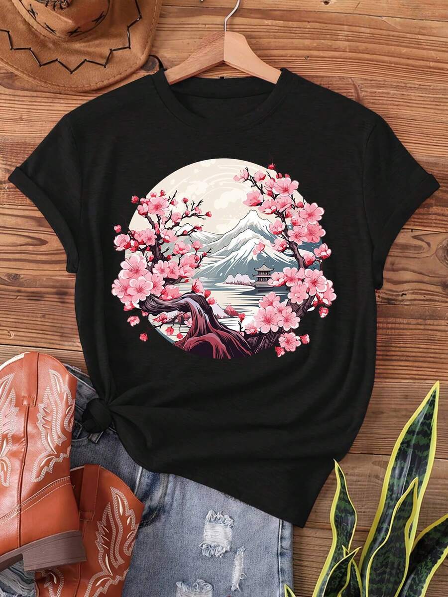 Unisex T-Shirt Made Of Pure Cotton, Japanese Style, Aesthetic, Vaporwave, Cherry Blossom, Tree Print. Short-Sleeved, Trimmed Neckline. Casual Top For Summer And Spring. Women's Clothing, Summer Shirt, Blouse, Basic Top, Creative Design, For Outdoor Play, Cool Style, Fun Design, Great For Outdoor Play. - Black - View 1