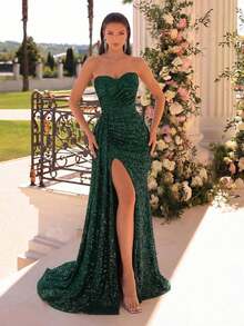 Vestido largo con cuello de corazón con lentejuelas, parches de malla y abertura en el bajo, cintura alta, adecuado para bailes, fiestas, cenas formales y otras ocasiones como bodas y fiestas de primavera - Verde Oscuro - Ver 7