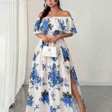 Elenzya Plus Size Women's Spring/Summer New Arrival Floral Print Dress, Off Shoulder Ruffle Romantic Sexy Waist Pleated Maxi Dress, Suitable For Romantic Vacation, Dates, Travel, Urban Outings, Music Festivals, And Romantic Occasions - Multicolor - Ver 1