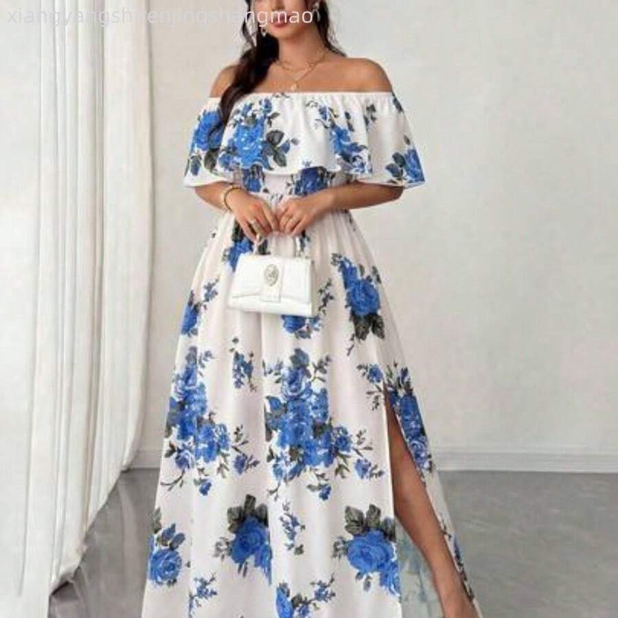 Elenzya Plus Size Women's Spring/Summer New Arrival Floral Print Dress, Off Shoulder Ruffle Romantic Sexy Waist Pleated Maxi Dress, Suitable For Romantic Vacation, Dates, Travel, Urban Outings, Music Festivals, And Romantic Occasions - Multicolor - Ver 1