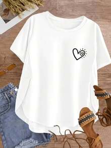 Camiseta de Mujer con Cuello Redondo y Estampado de Corazón| Perfecto para citas, descanso, uso en la oficina o en cafeterías, lavable a máquina, ideal para Navidad, San Valentín y diversas festividades. - Blanco - Ver 2