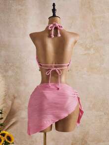 Bellisia Conjunto de tankini de mujer con tirantes finos, patrón de onda beige con decoración de concha marina y estrella, para primavera/verano/otoño, conjunto de ropa de vacaciones para mujer, traje de baño de bikini con cobertura, conjunto de ropa de verano para mujer de 2 piezas - Rosa - Ver 2