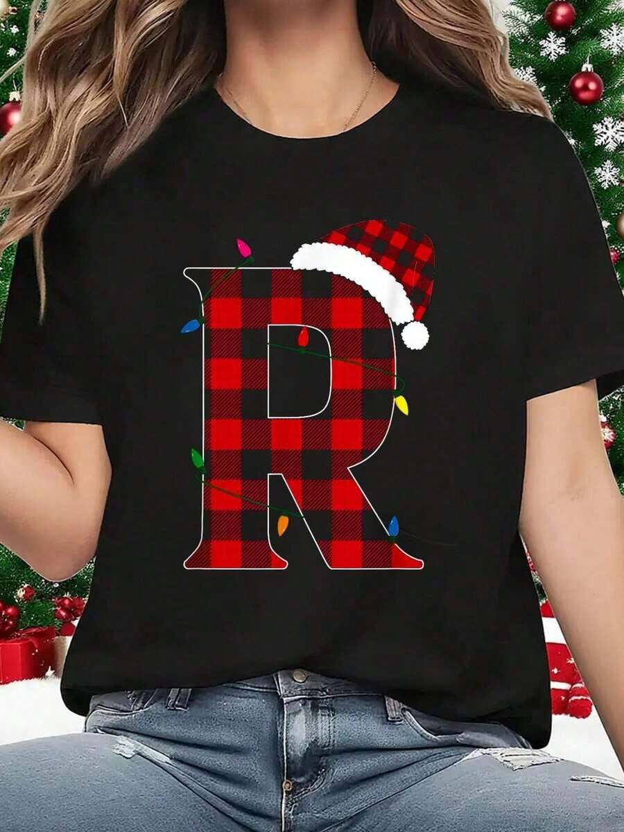 Impresionante Camiseta Navideña a Cuadros Buffalo con la Inicial R - Negro - Ver 1
